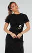 Zwarte Stretch Midi Jurk met Gouden Taille Detail