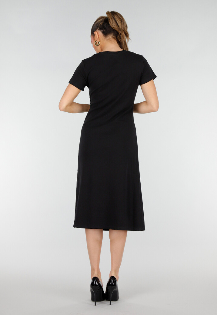 Zwarte Stretch Midi Jurk met Gouden Taille Detail