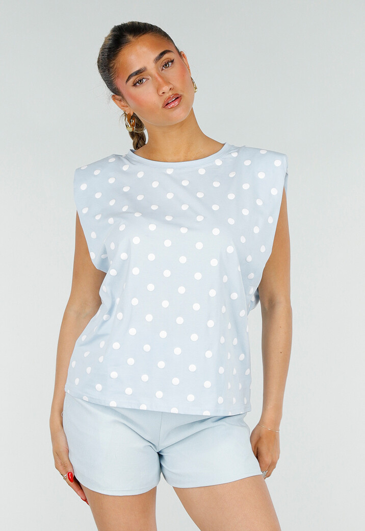 Lichtblauwe Mouwloze Top met Witte Stippen en Schoudervulling