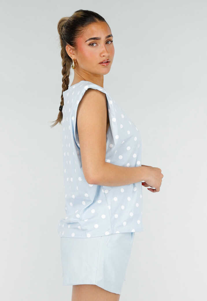 Lichtblauwe Mouwloze Top met Witte Stippen en Schoudervulling