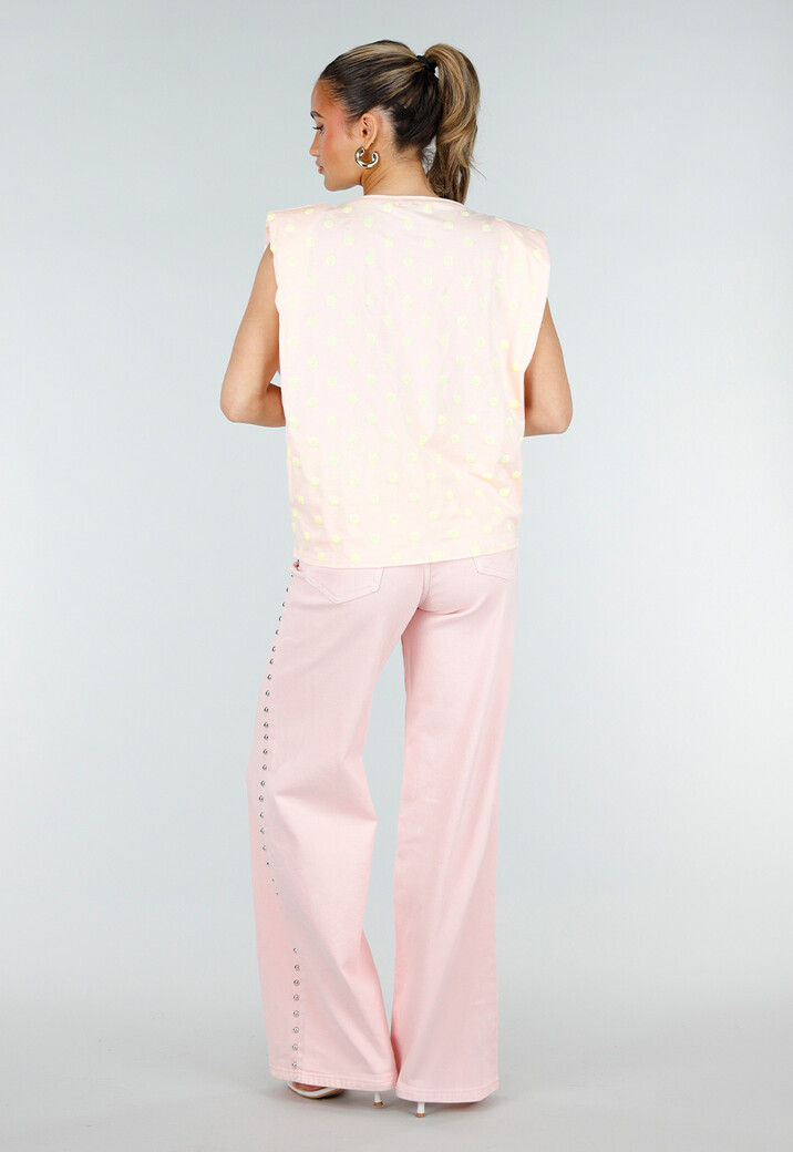 Roze Mouwloze Top met Gele Stippen en Schoudervulling
