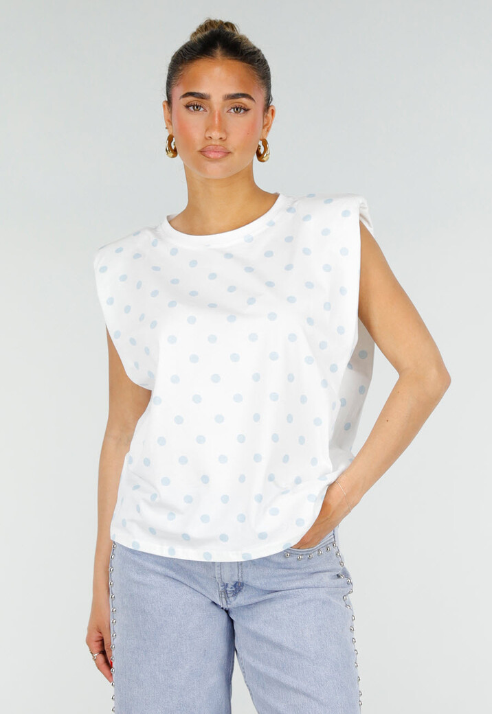 Witte Mouwloze Top met Lichtblauwe Stippen en Schoudervulling