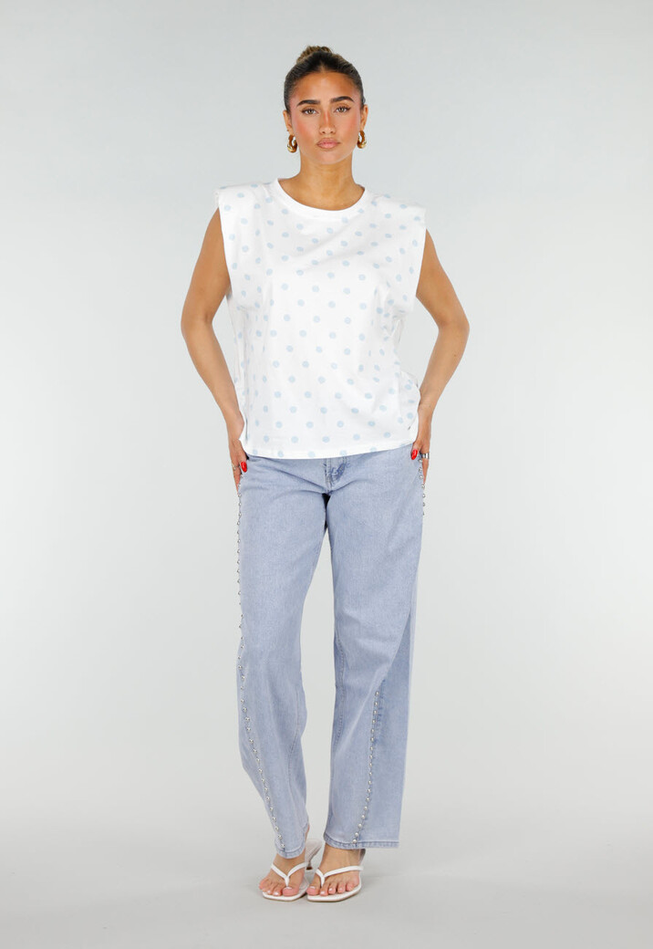 Witte Mouwloze Top met Lichtblauwe Stippen en Schoudervulling