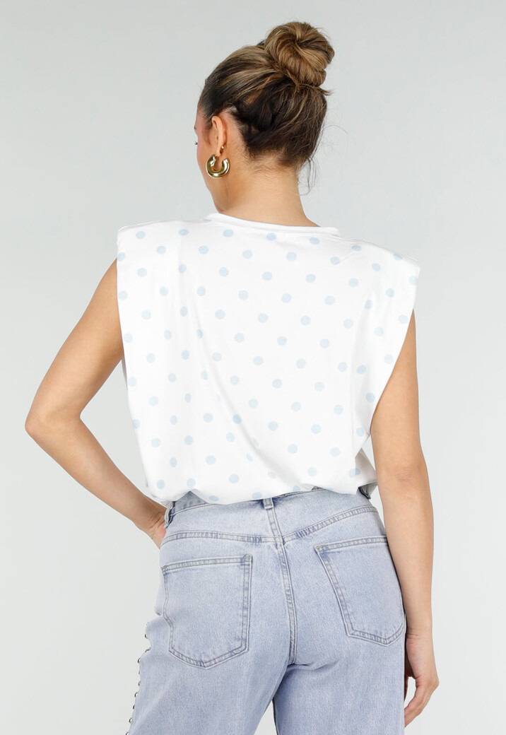 Witte Mouwloze Top met Lichtblauwe Stippen en Schoudervulling