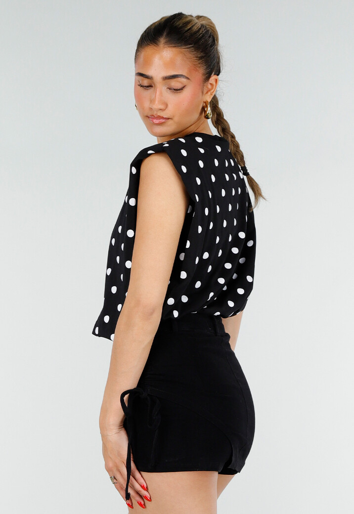 Zwarte Mouwloze Top met Witte Stippen en Schoudervulling