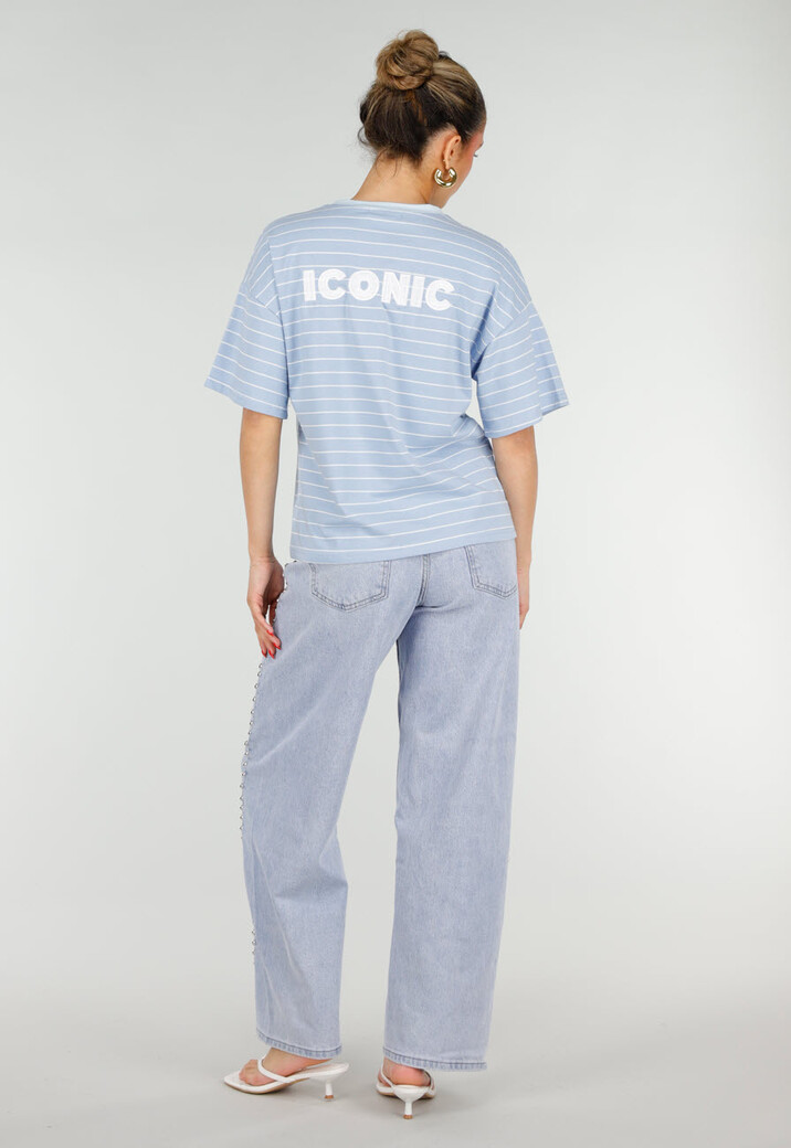 Lichtblauw Gestreept T-shirt met Witte Borstzak en Tekstprint