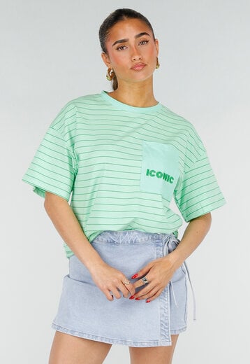 Mintgroen Gestreept T-shirt met Opdruk