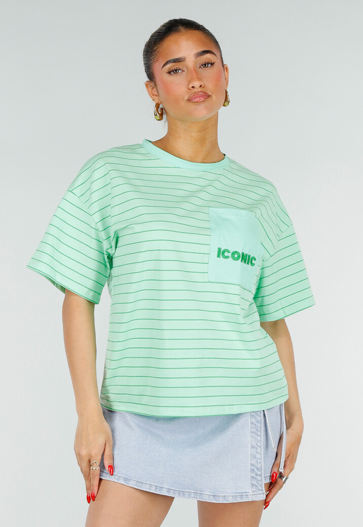 Mintgroen Gestreept Oversized T-shirt met Iconic Opdruk
