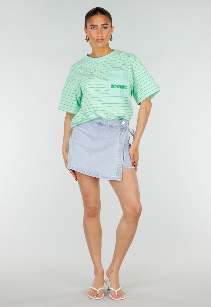 Mintgroen Gestreept Oversized T-shirt met Iconic Opdruk