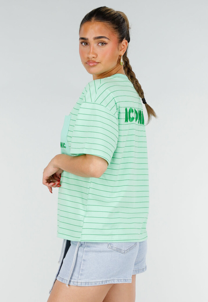 Mintgroen Gestreept Oversized T-shirt met Iconic Opdruk