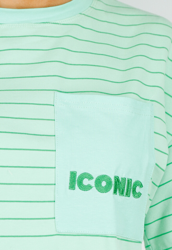 Mintgroen Gestreept Oversized T-shirt met Iconic Opdruk