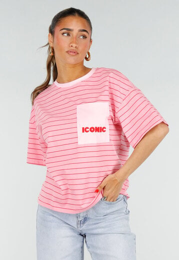 Roze Gestreept Katoenen T-Shirt