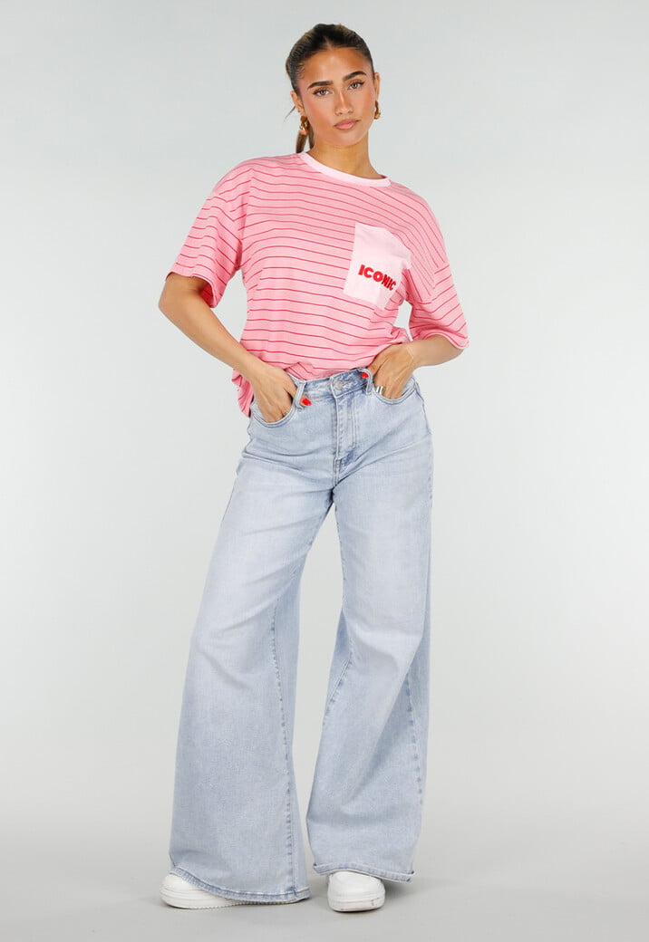 Roze Gestreept Katoenen T-Shirt met Korte Mouwen