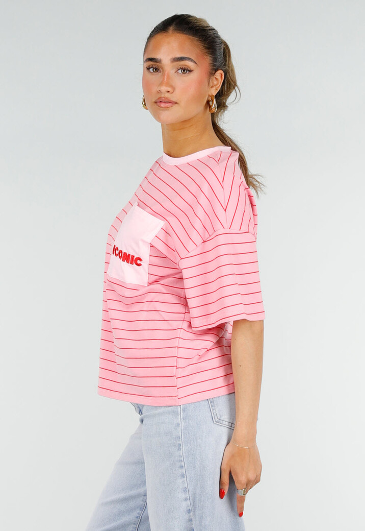 Roze Gestreept Katoenen T-Shirt met Korte Mouwen