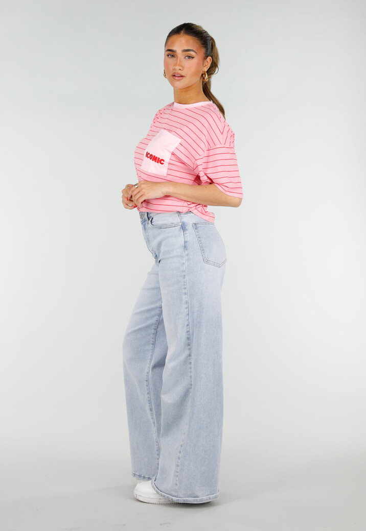 Roze Gestreept Katoenen T-Shirt met Korte Mouwen