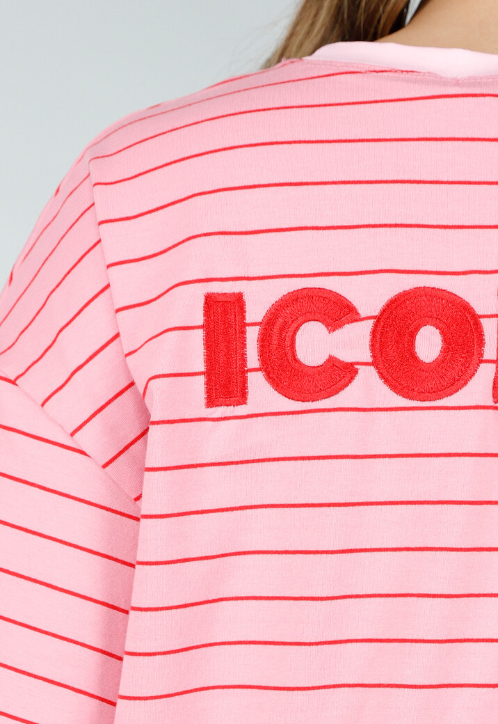 Roze Gestreept Katoenen T-Shirt met Korte Mouwen