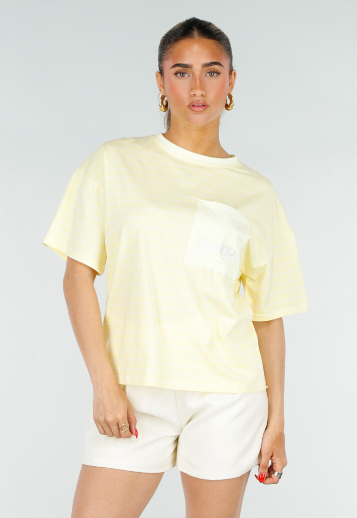 Lichtgeel Gestreept Oversized T-shirt met Iconic Opdruk