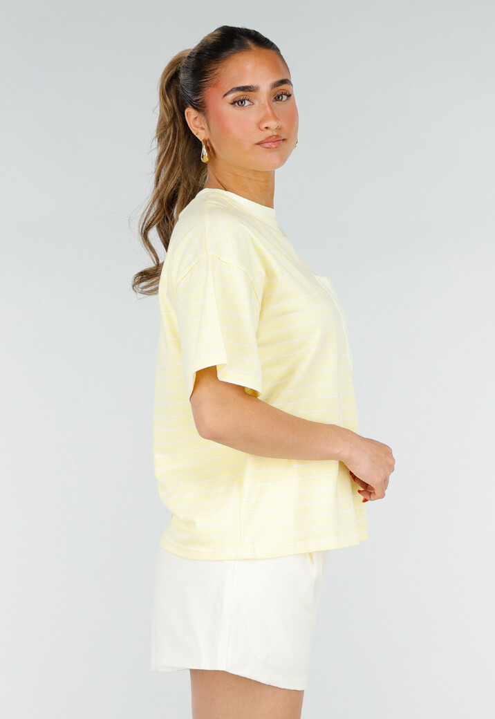 Lichtgeel Gestreept Oversized T-shirt met Iconic Opdruk