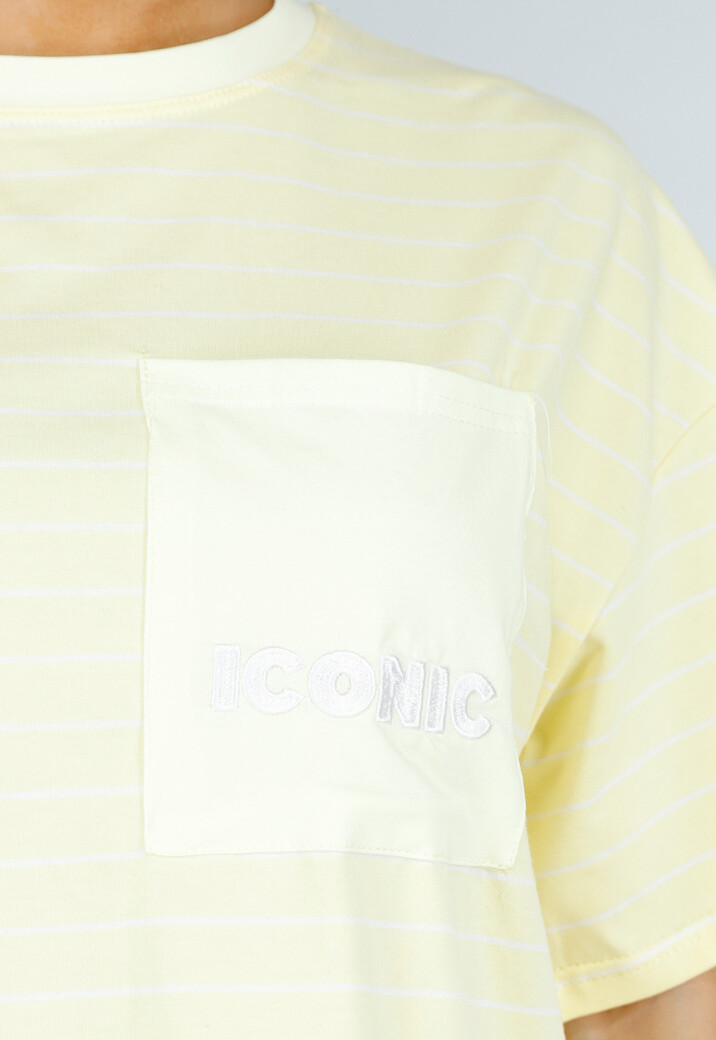 Lichtgeel Gestreept Oversized T-shirt met Iconic Opdruk