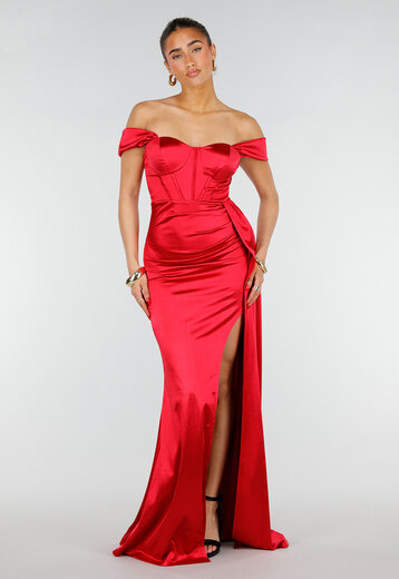 Rode Satijnen Off Shoulder Maxi Jurk
