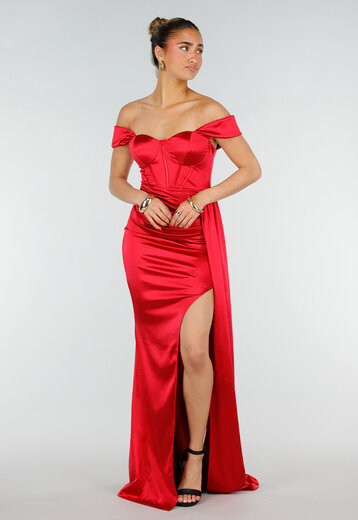 Rode Satijnen Off Shoulder Stretch Maxi Jurk