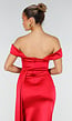 Rode Stretch Satijnen Off Shoulder Maxi Jurk met Split