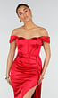 Rode Stretch Satijnen Off Shoulder Maxi Jurk met Split