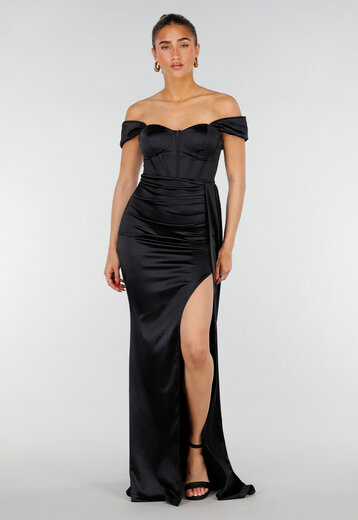 Zwarte Satin Off Shoulder Stretch Galajurk