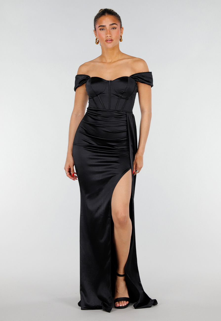 Zwarte Satin Off Shoulder Galajurk met Split - Uwantisell.nl