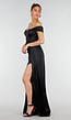 Zwarte Satin Off Shoulder Galajurk met Split