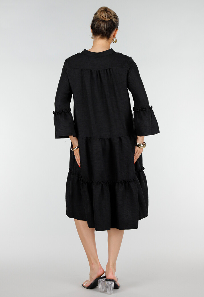 Zwarte Midi Jurk met V-Hals en Ruffle Details