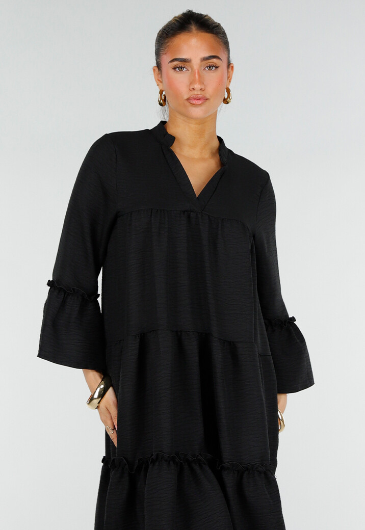 Zwarte Midi Jurk met V-Hals en Ruffle Details