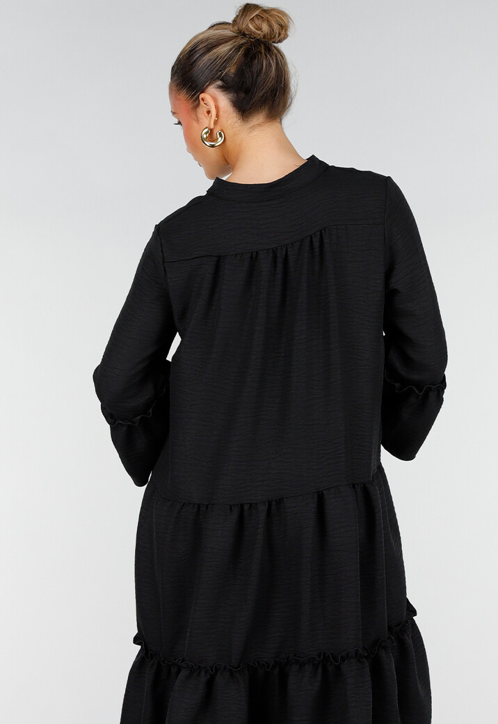 Zwarte Midi Jurk met V-Hals en Ruffle Details