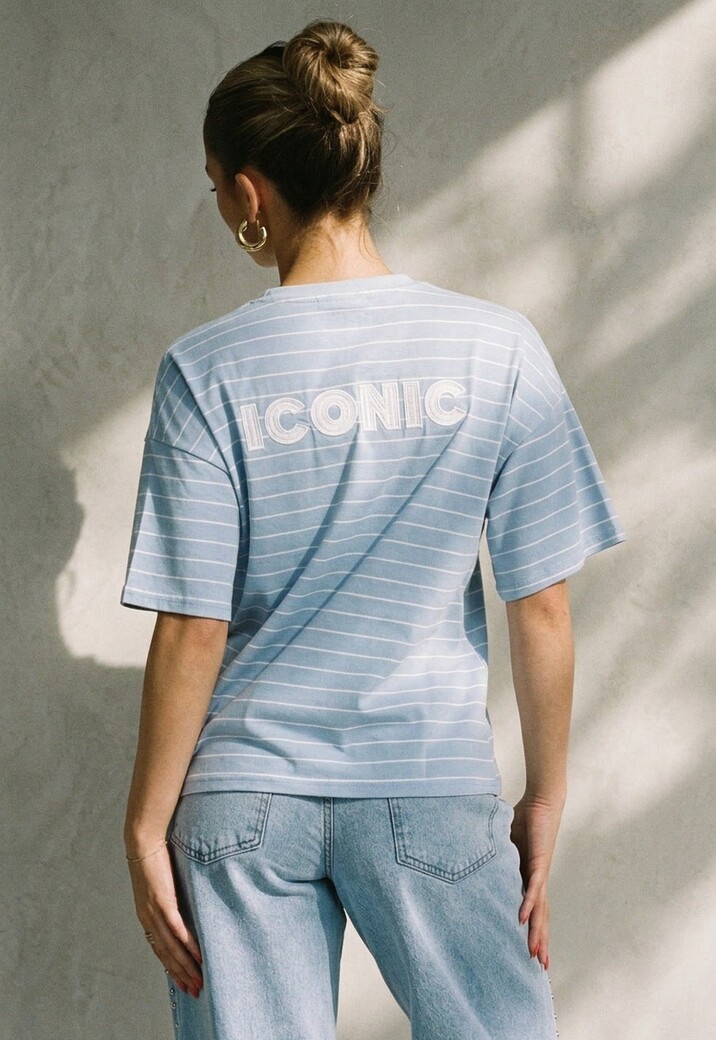 Lichtblauw Gestreept T-shirt met Witte Borstzak en Tekstprint