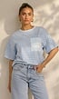 Lichtblauw Gestreept T-shirt met Witte Borstzak en Tekstprint