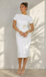 Witte Stretch Midi Jurk met Gouden Taille Detail