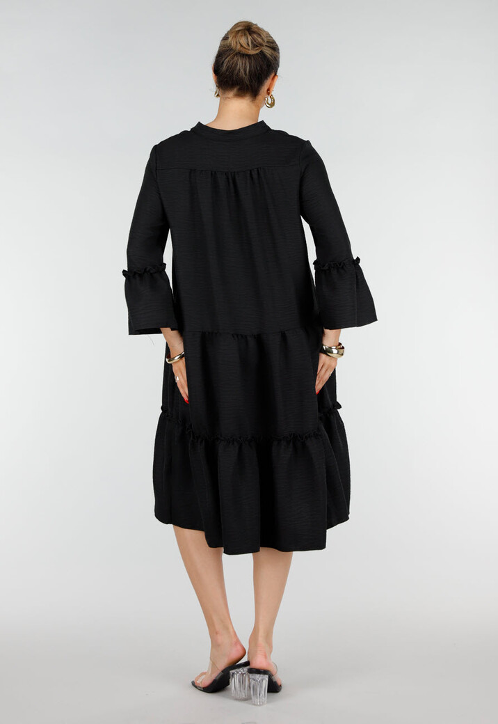 Zwarte Midi Jurk met V-Hals en Ruffle Details