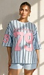 Oversized Lichtblauw Jersey Shirt met Roze Print en Strepen