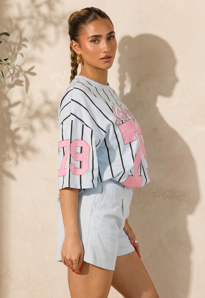 Oversized Lichtblauw Jersey Shirt met Roze Print en Strepen