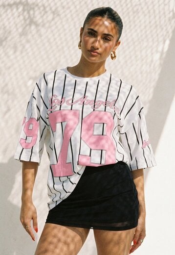 Wit Baseball T-Shirt met Roze Print