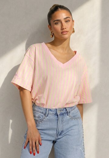 Roze Geel Gestreept Katoenen T-shirt