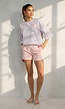 Lichtblauw Gestreept Oversized T-Shirt met Roze Strepen