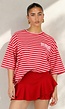 Roze Rode Gestreepte Oversized T-shirt met Tekstprint