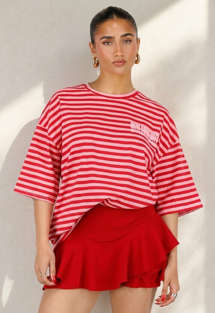 Roze Rode Gestreepte Oversized T-shirt met Tekstprint
