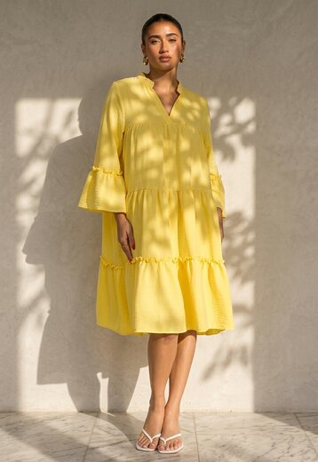 Gele Midi Jurk met V-hals