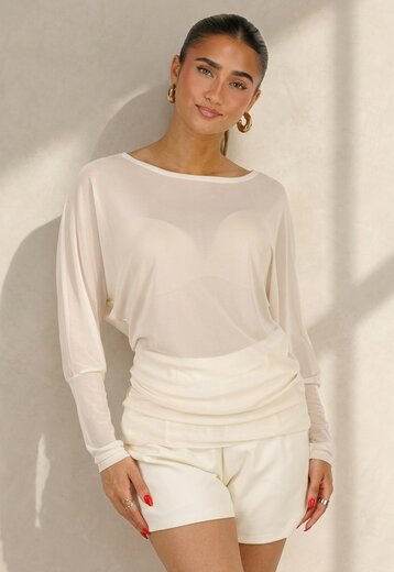 Crème Mesh Top met Lange Mouwen