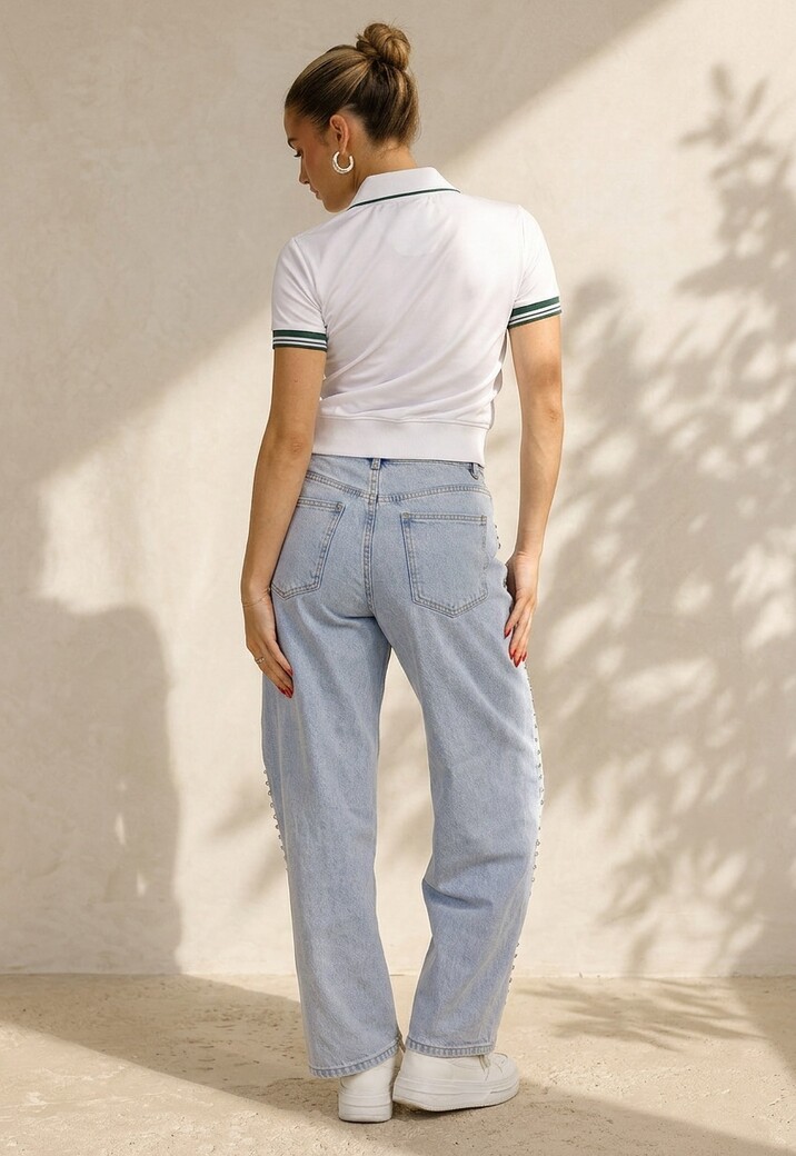Witte Cropped Polo met Groene Contrasterende Strepen