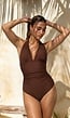 Bruine Halter Badpak met Ribstructuur en Diepe V-Hals