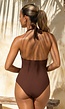 Bruine Halter Badpak met Ribstructuur en Diepe V-Hals