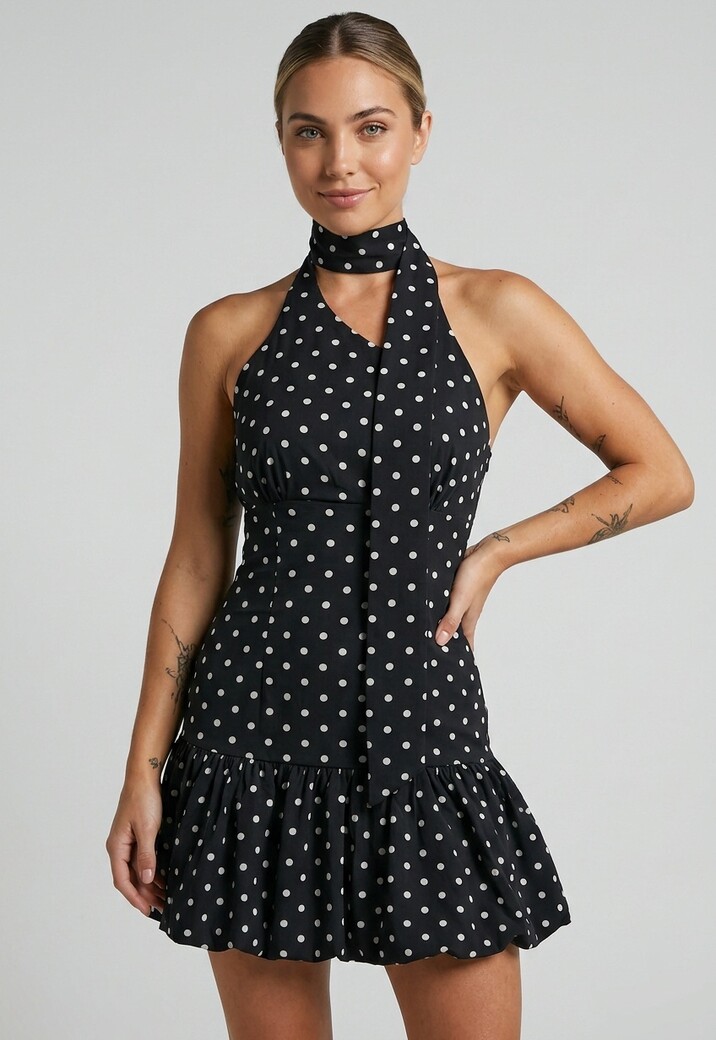 Zwarte Halter Jurk met Witte Stippen en Open Rug